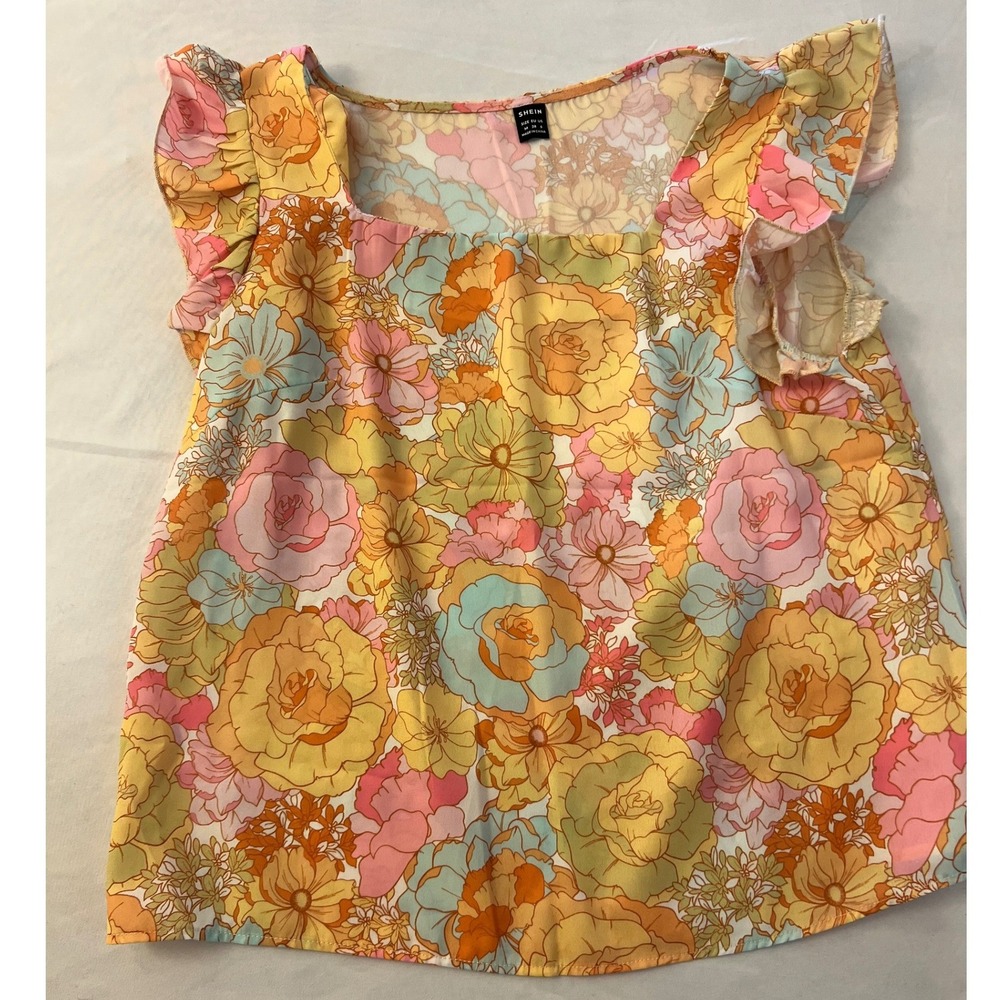 SHEIN Womens Floral Square Neck Flutter Sleeve Blouse Retro Pink Yellow Size 6 M